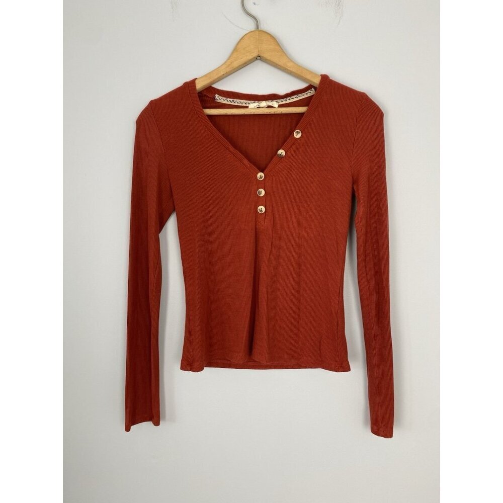 Copper Key Womens Size XS V-Neck Henley Long Sleeve Ribbed Shirt Stretchy